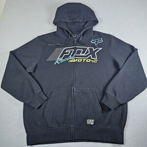 Fox Racing Moto-X Hoodie Mens Large Black Full Zip Fleece Pockets Graphic Logo